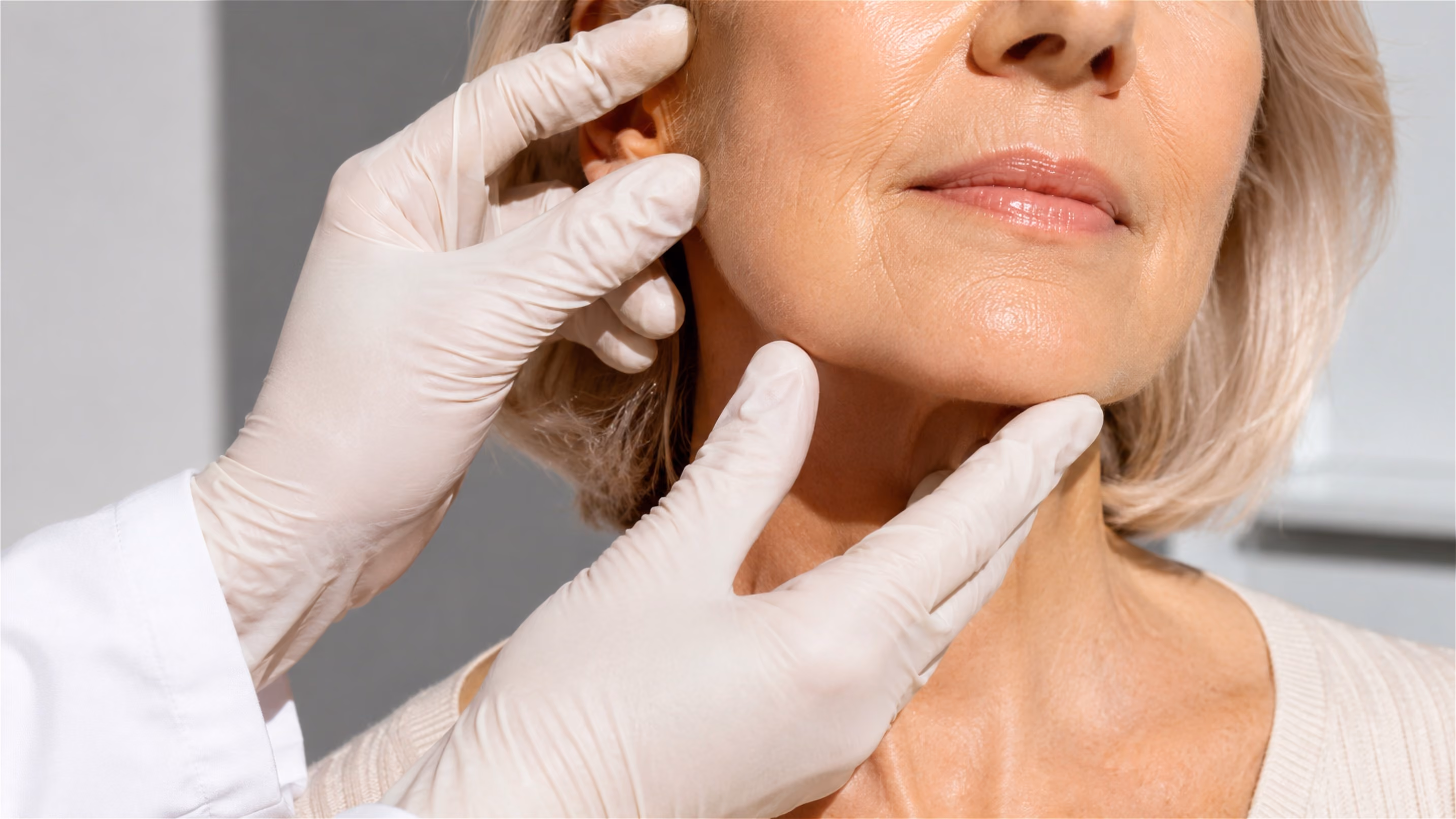 Close-up of a healthcare professional wearing white gloves examining the skin on an older woman's face and neck.