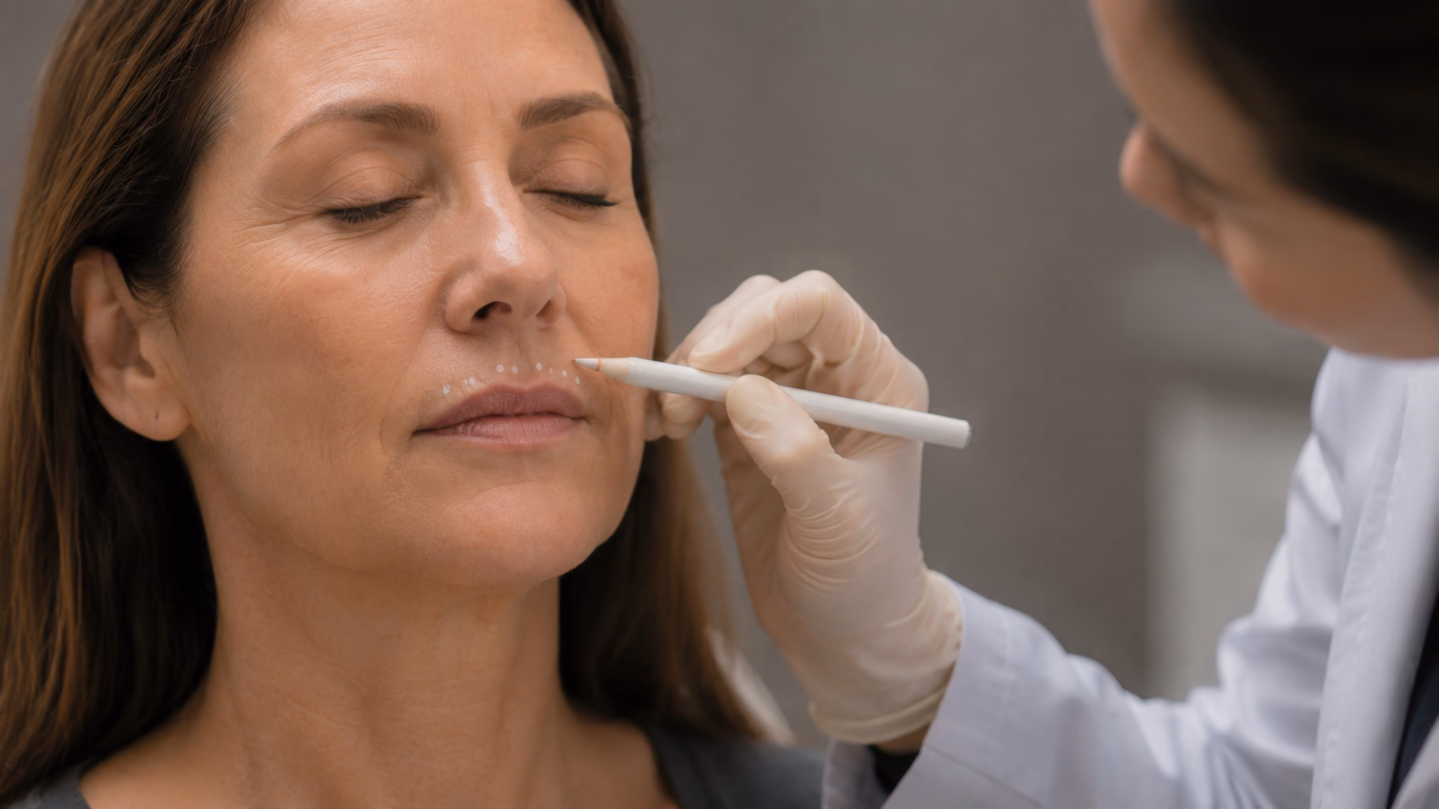 A medical professional wearing gloves uses a white pencil to mark a woman's upper lip area, who sits with her eyes closed, in a clinical setting.