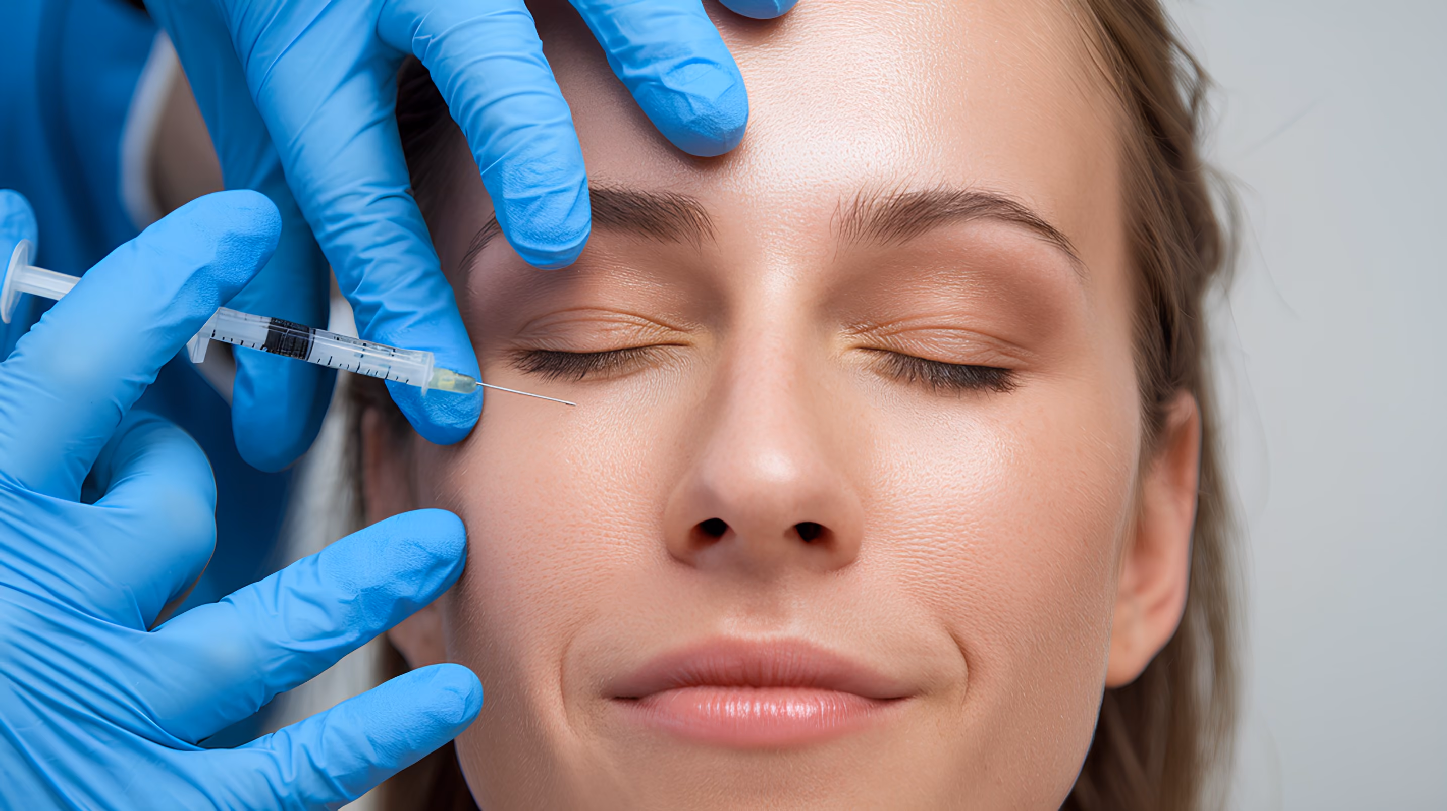 Close-up of a woman with eyes closed receiving a cosmetic injection near her eye by a person wearing blue medical gloves.