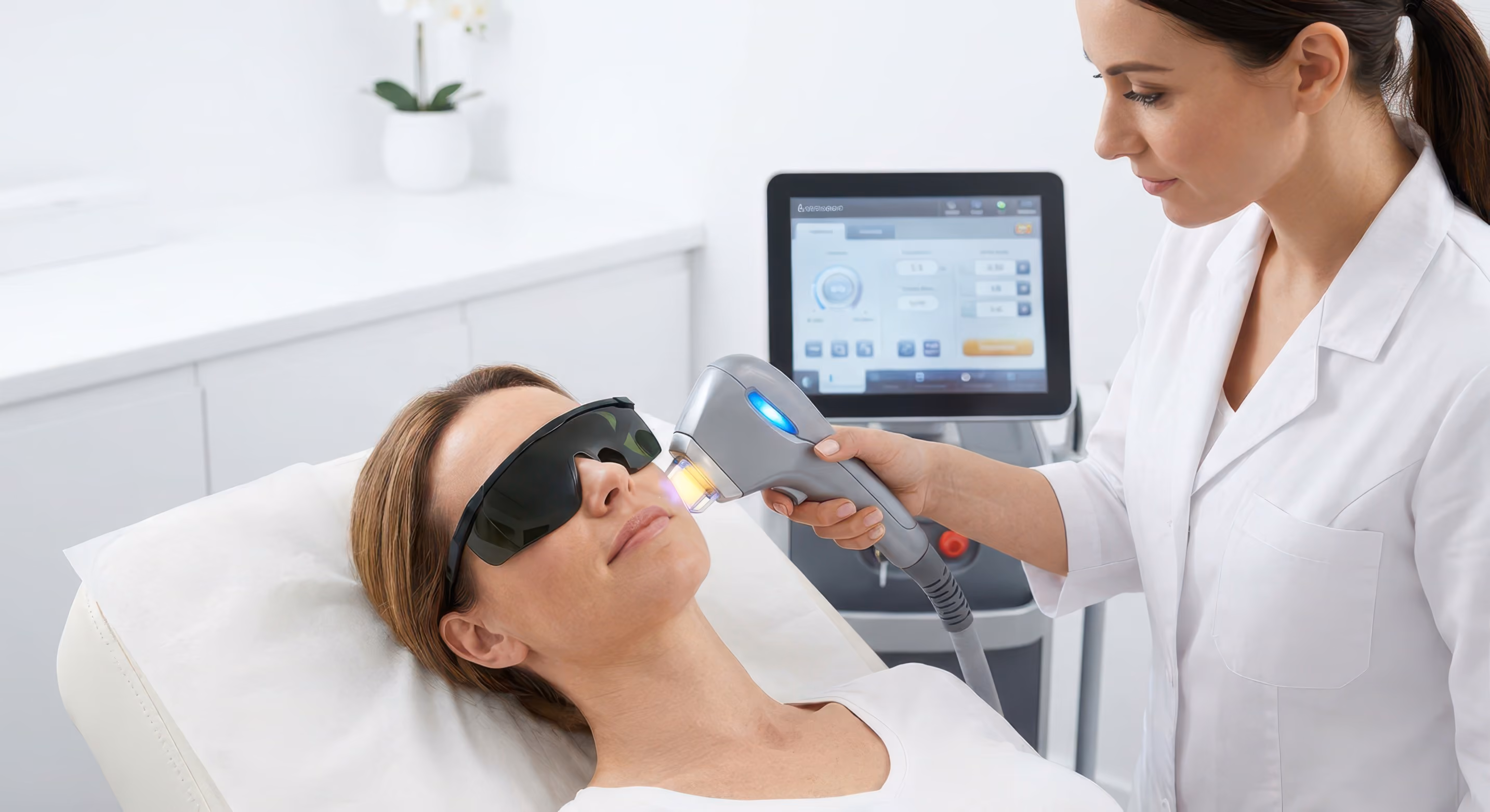 Woman wearing protective glasses receiving laser skin treatment on her face from a medical professional in a white coat.