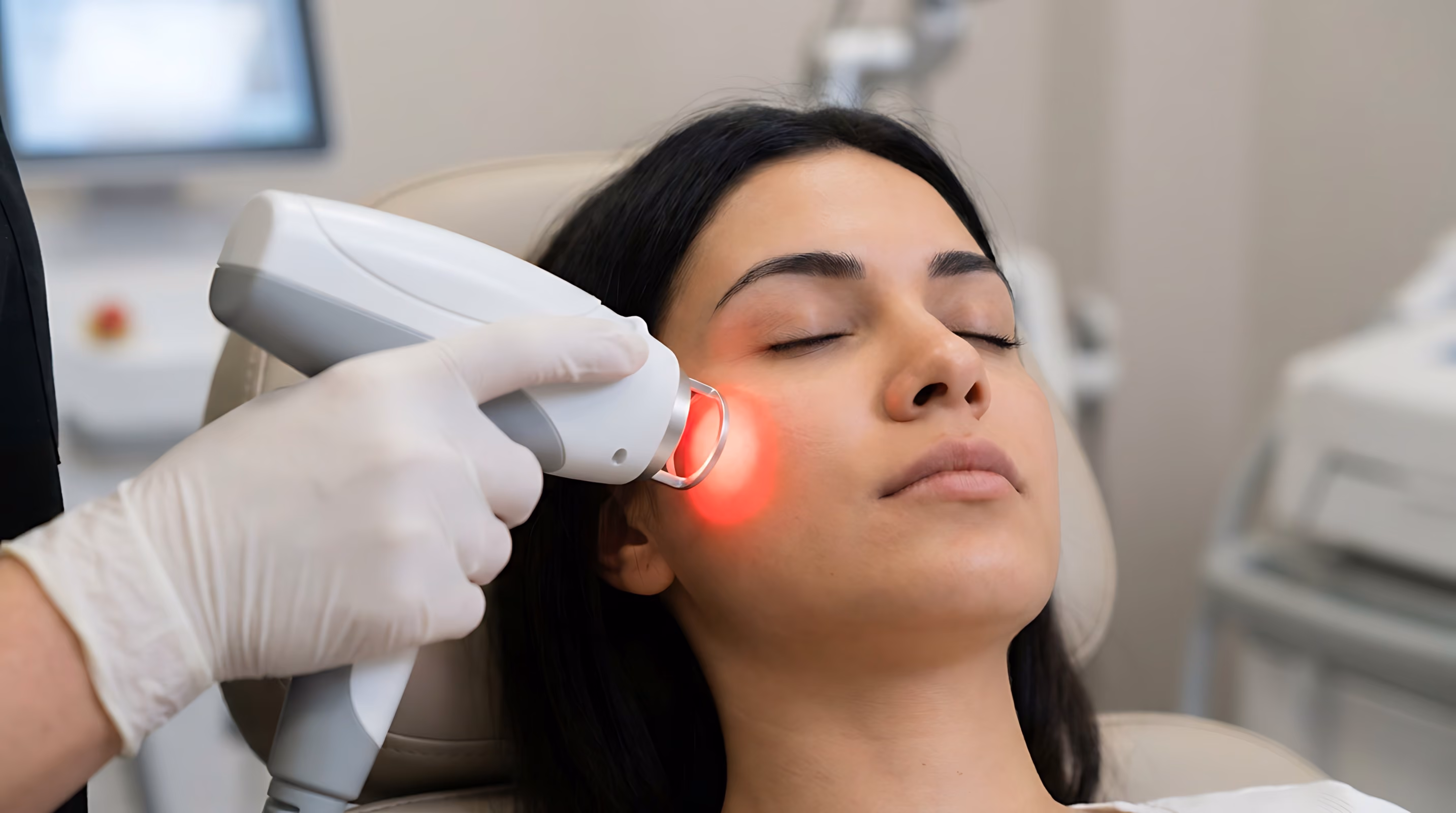 Close-up of a woman receiving a laser facial treatment on her cheek while resting with eyes closed in a clinical setting.