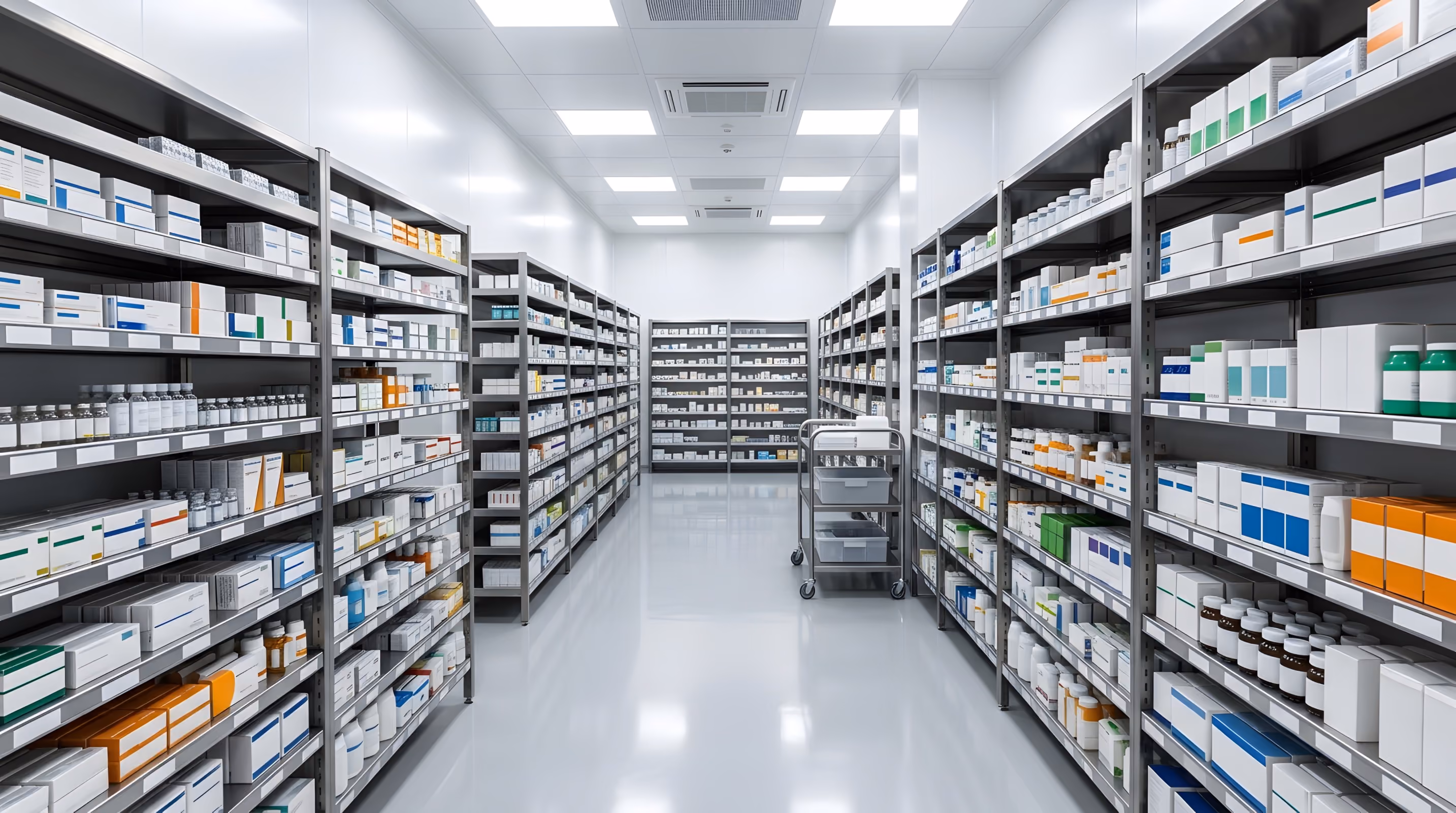 Well-lit, clean pharmacy storage room with metal shelves filled with organized medicine boxes and bottles on both sides and at the far end, with a utility cart in the middle aisle.