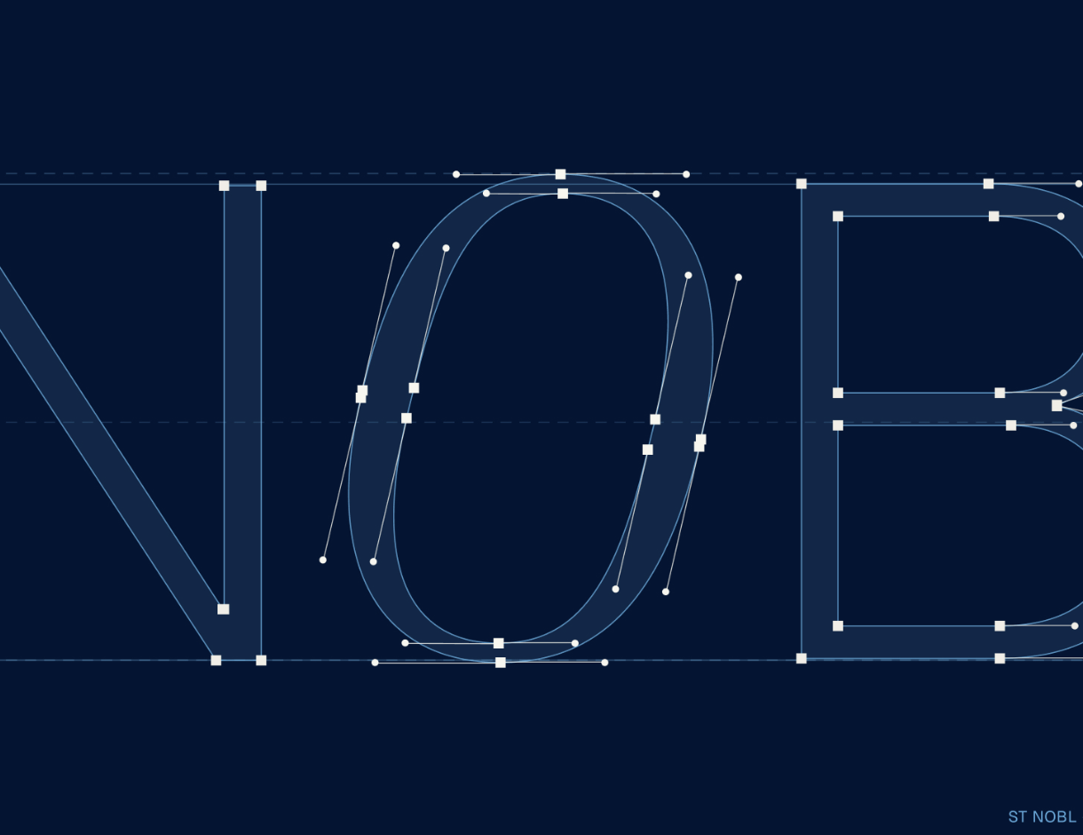 Construction drawing of the St Nobl wordmark, with Bézier points on navy