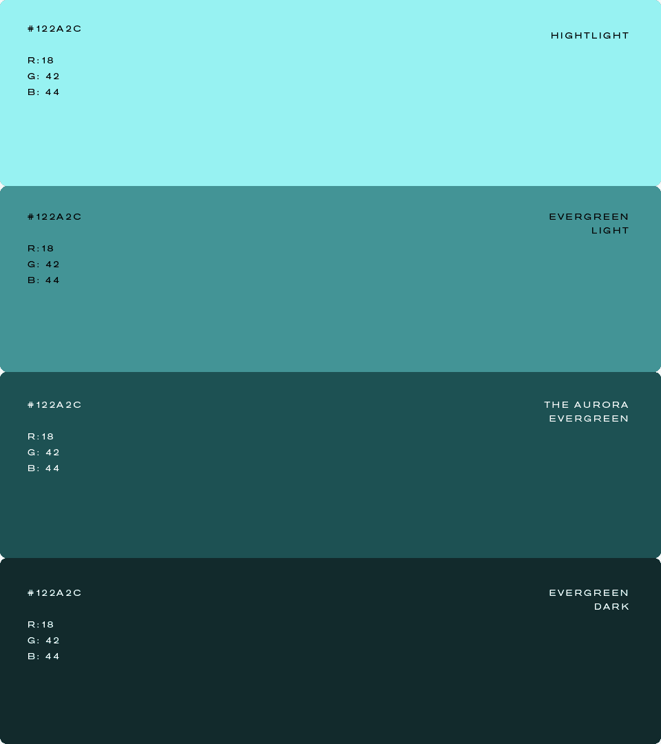 The Aurora colour palette, from Highlight to Evergreen Dark