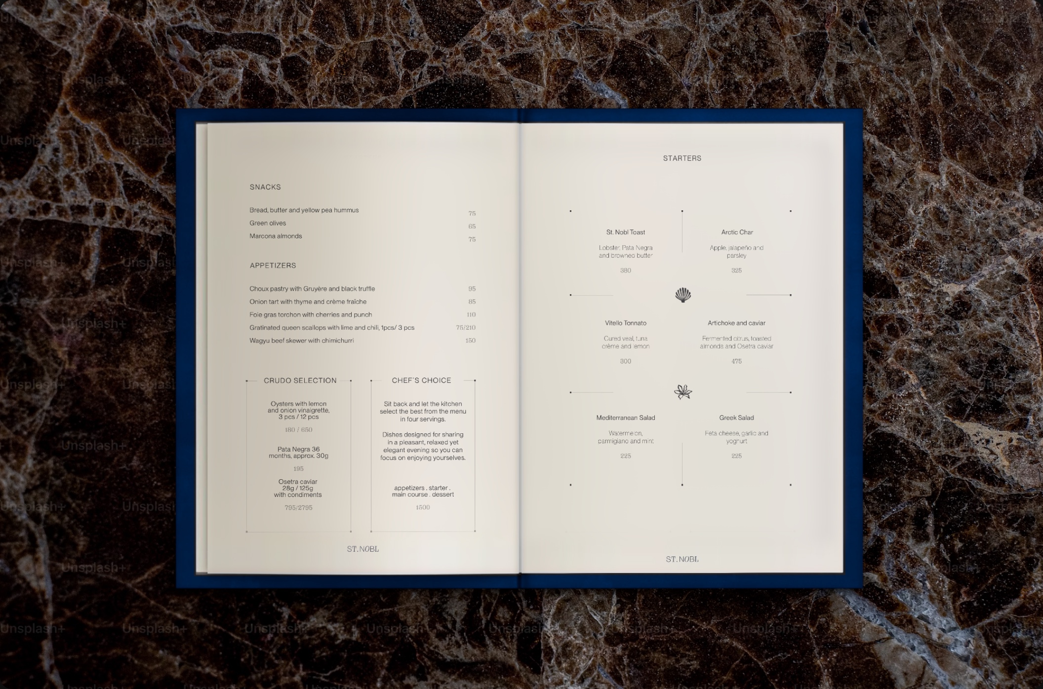St Nobl menu on marble