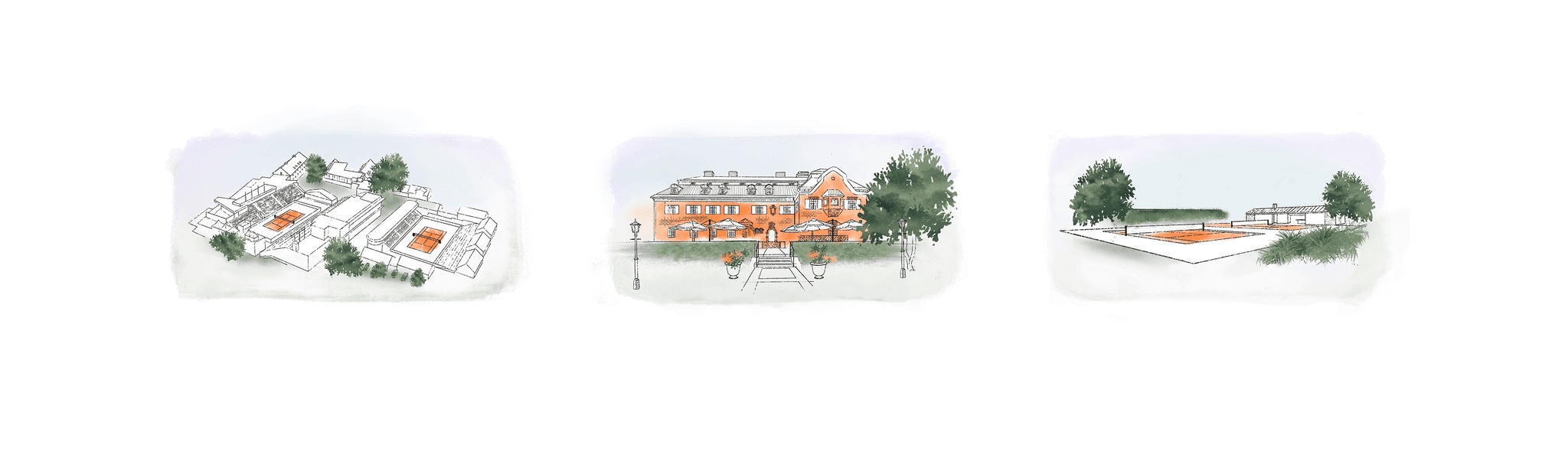 Watercolour illustrations of the three A Family Club houses