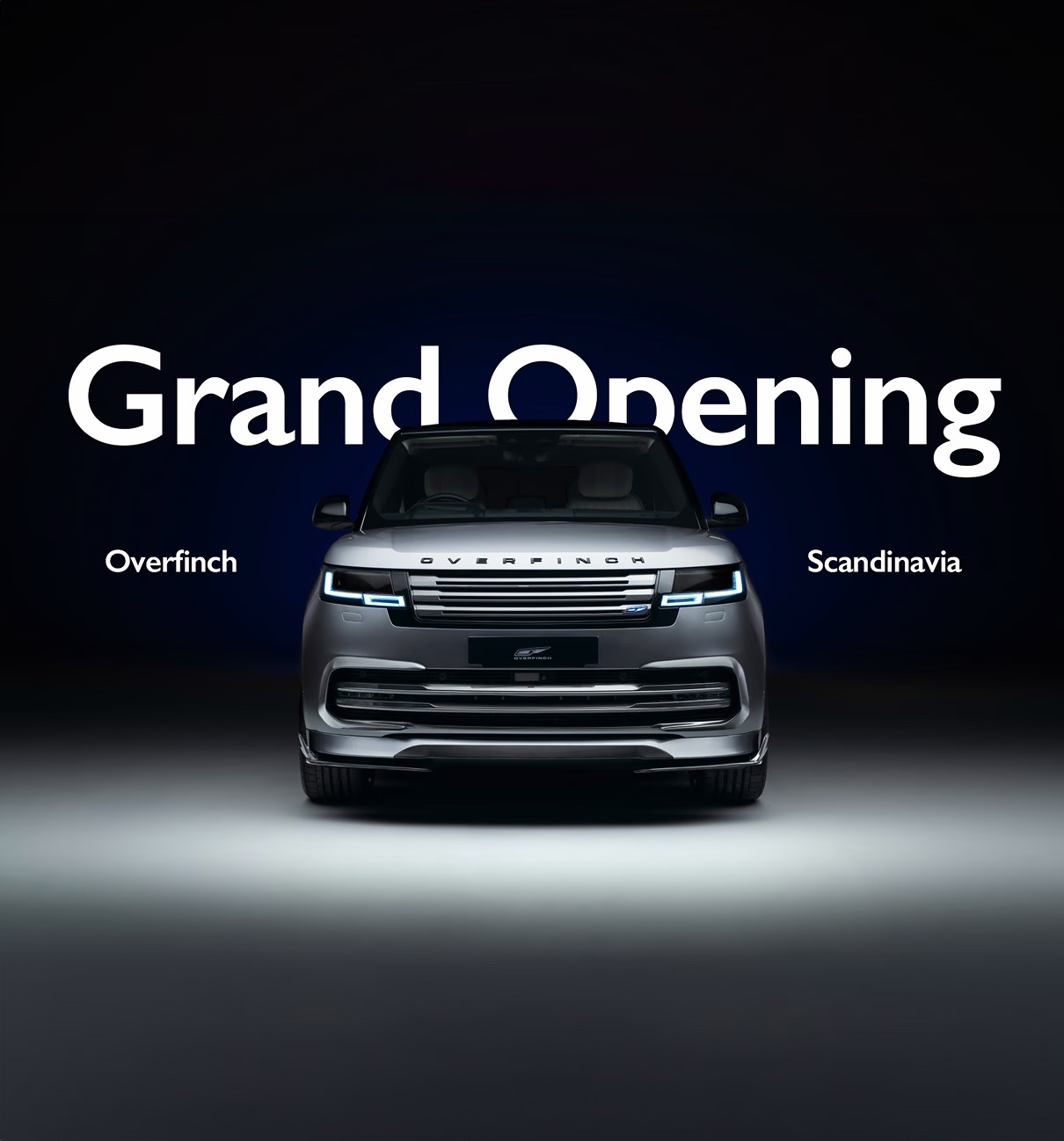 Grand Opening key visual: an Overfinch Range Rover under a spotlight, Overfinch Scandinavia
