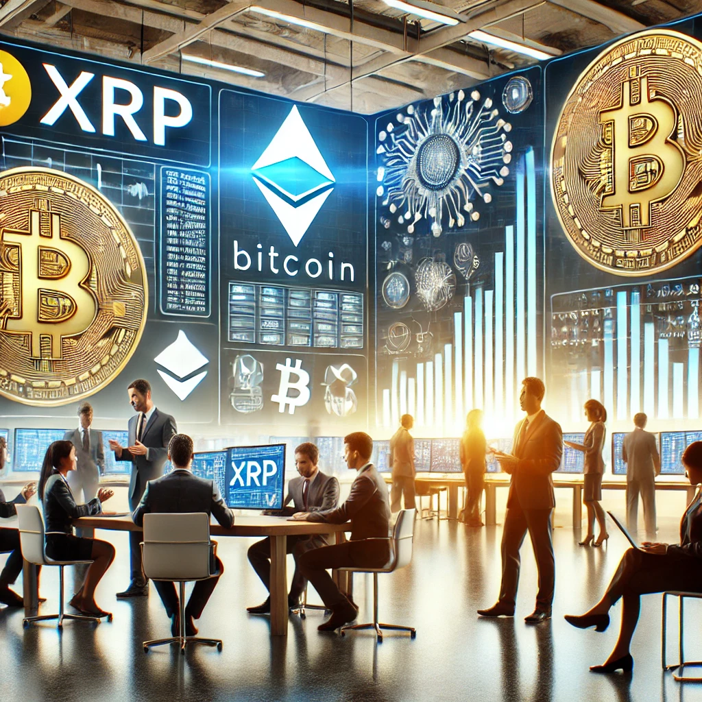 A professional and realistic cryptocurrency market scene inspired by Cointelegraph style. The image features Bitcoin and XRP logos prominently displayed in a financial trading environment. In the foreground, businesspeople in formal attire are analyzing data on digital screens and discussing trends. The background includes a modern office setting with large monitors displaying upward-trending cryptocurrency graphs and blockchain-inspired visuals. The environment is bright, with a focus on technology and growth, showcasing a balanced mix of human interaction and digital innovation.