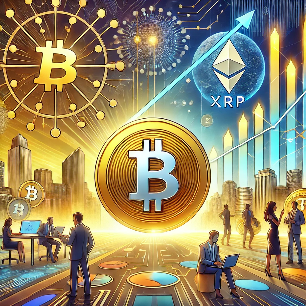 An illustration inspired by the Cointelegraph art style. The image features a futuristic and dynamic representation of Bitcoin and XRP logos in a vibrant cryptocurrency market scene. The Bitcoin logo appears as a golden, glowing coin in the foreground, surrounded by upward-trending market indicators. The XRP logo, sleek and silver, rises prominently to the side, with stylized depictions of international financial transactions and graphs showcasing rapid growth. In the scene, diverse, business-like people are engaging with technology, analyzing graphs, and discussing in groups, adding a human element. The background is filled with abstract futuristic elements like blockchain-inspired patterns and glowing network nodes, capturing a sense of innovation and momentum. The colors are bold, with golds, silvers, and blues dominating, reflecting a sense of optimism and high stakes.