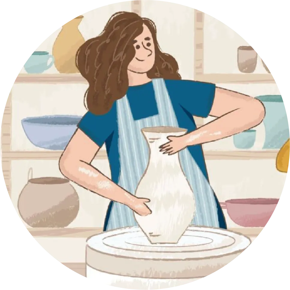 Illustration of a woman shaping a vase on the pottery wheel