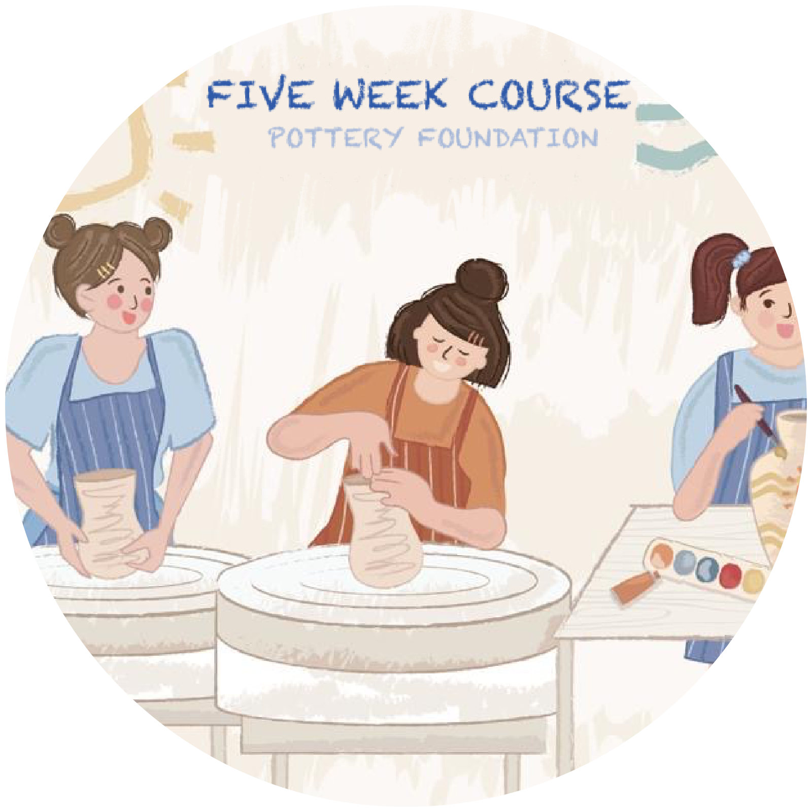 Five-week pottery foundation course illustration of students at the wheel
