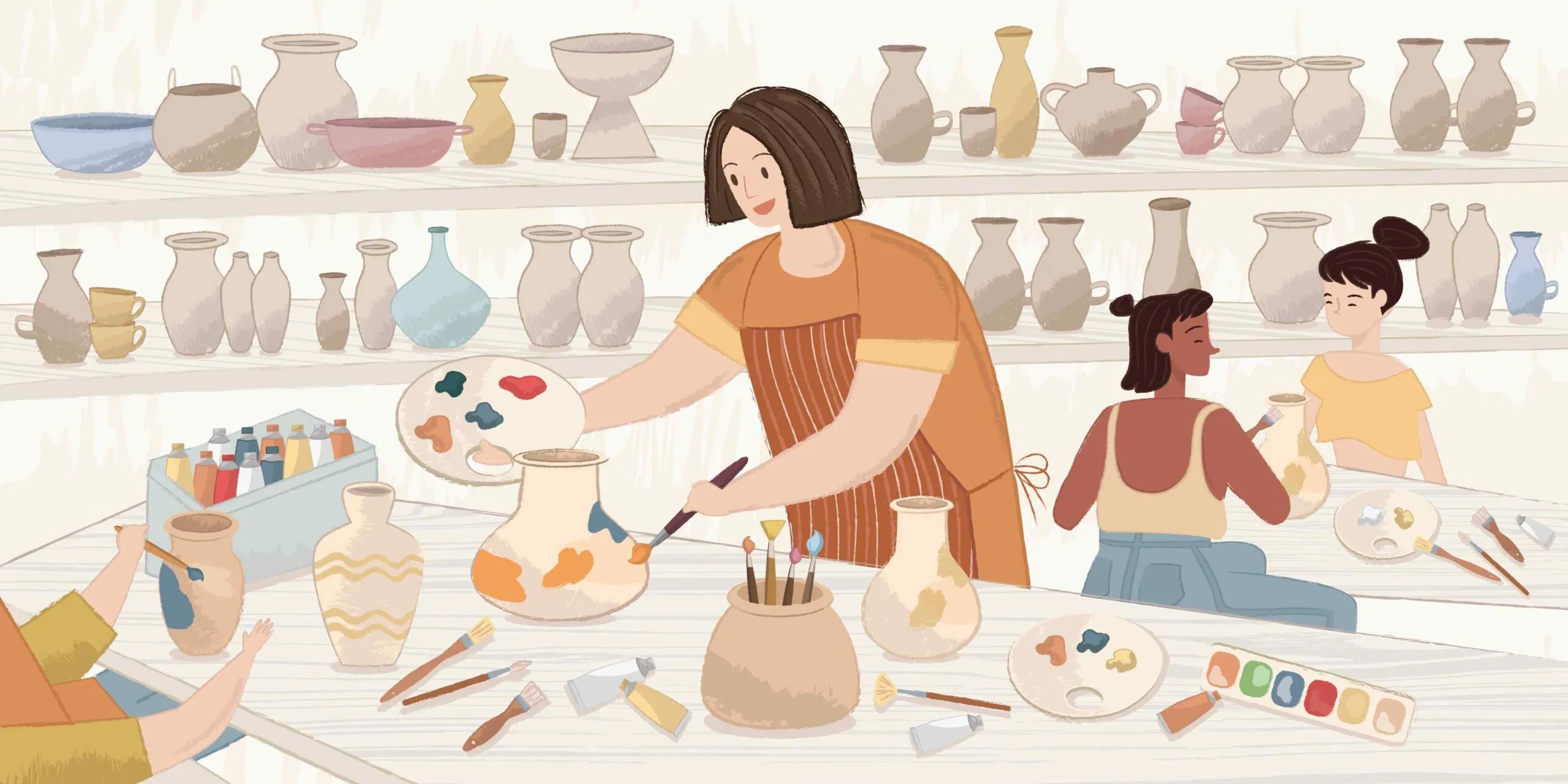 Illustration of guests painting pottery at a long table in a Bonbon studio, with shelves of ceramics behind them