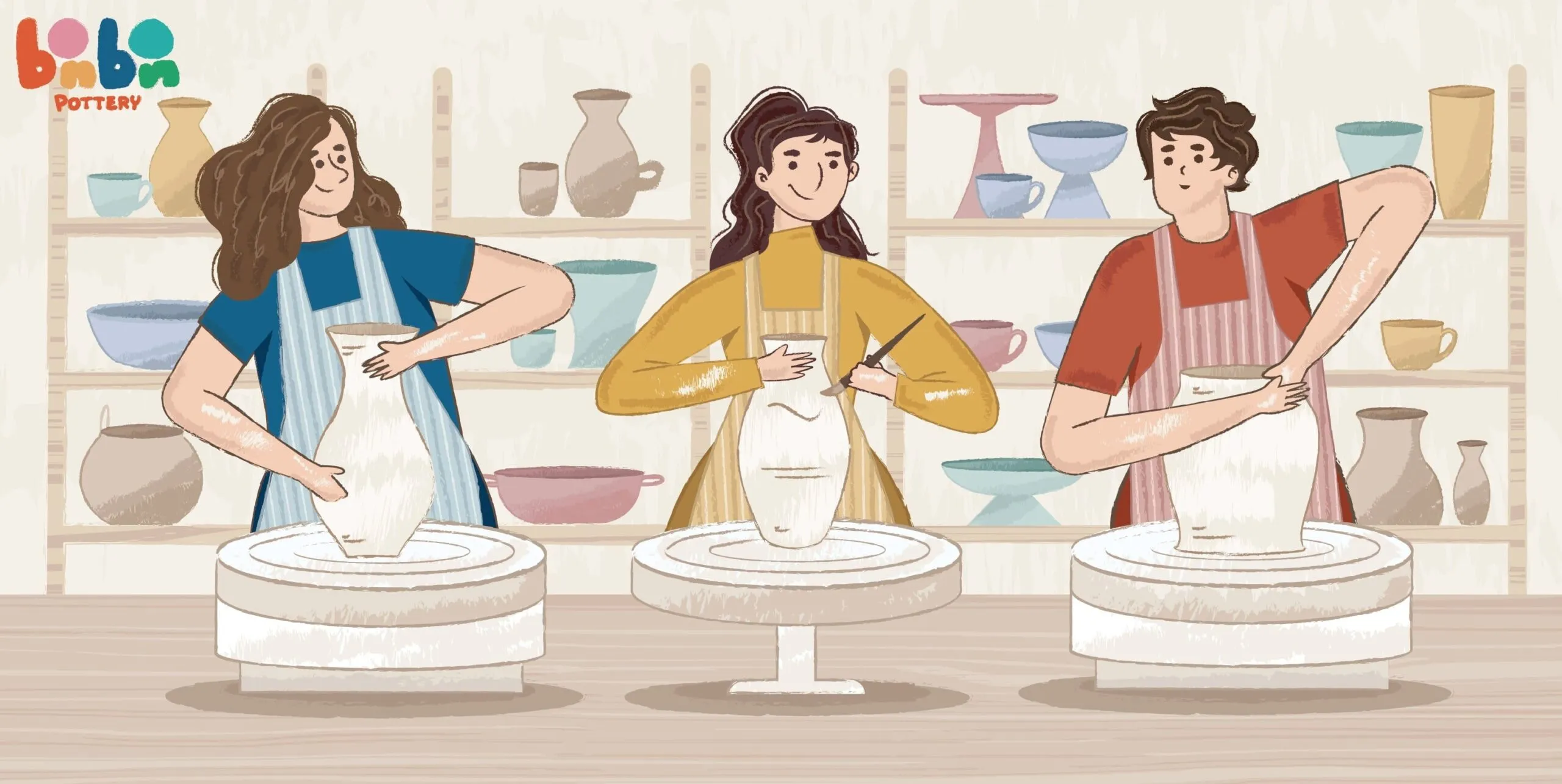 Illustration of beginners at pottery wheels and hand-building clay during a Bonbon Pottery taster class in London
