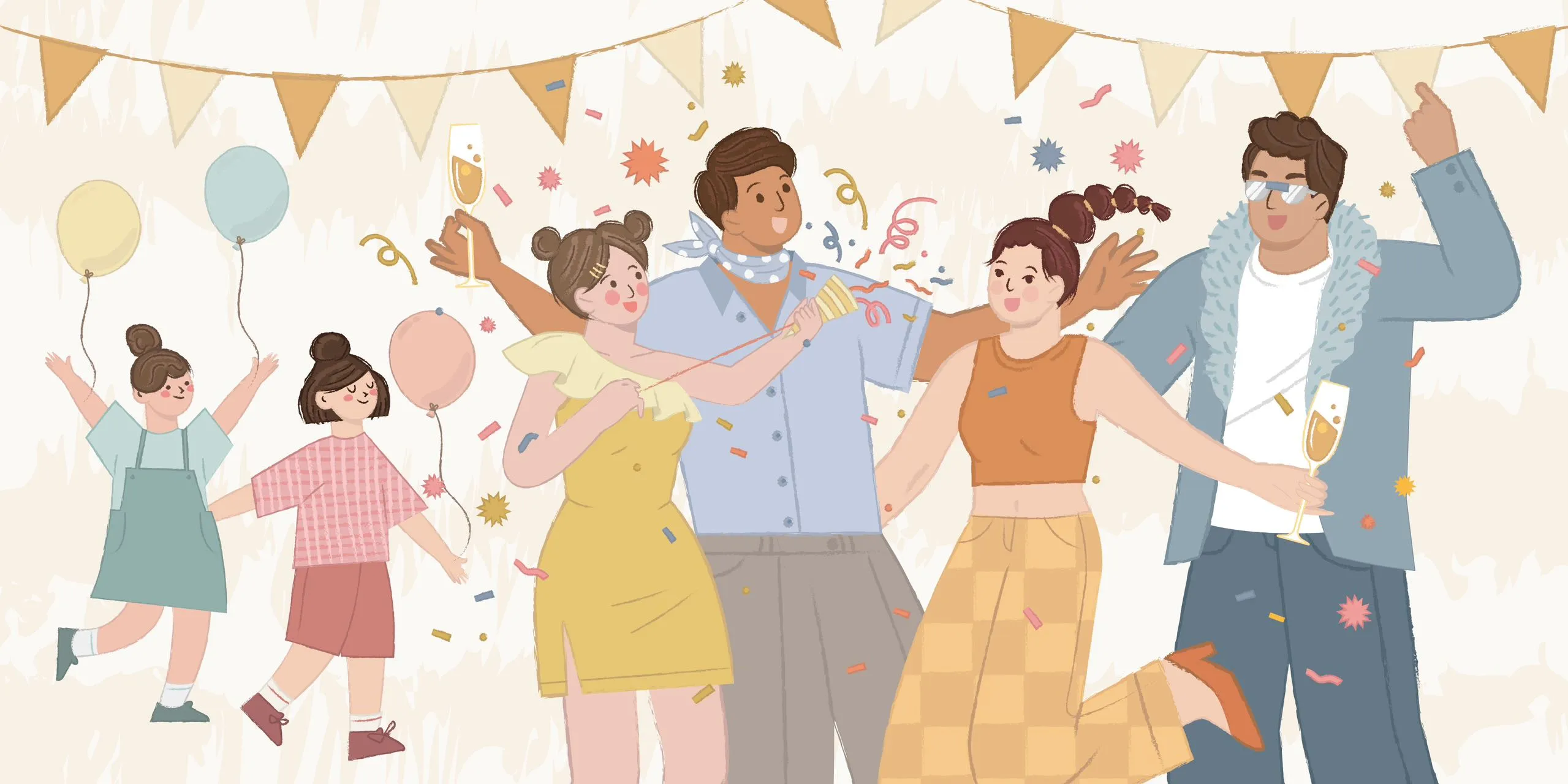 Illustration of a group celebrating a pottery painting party with balloons and bunting at a Bonbon studio in London