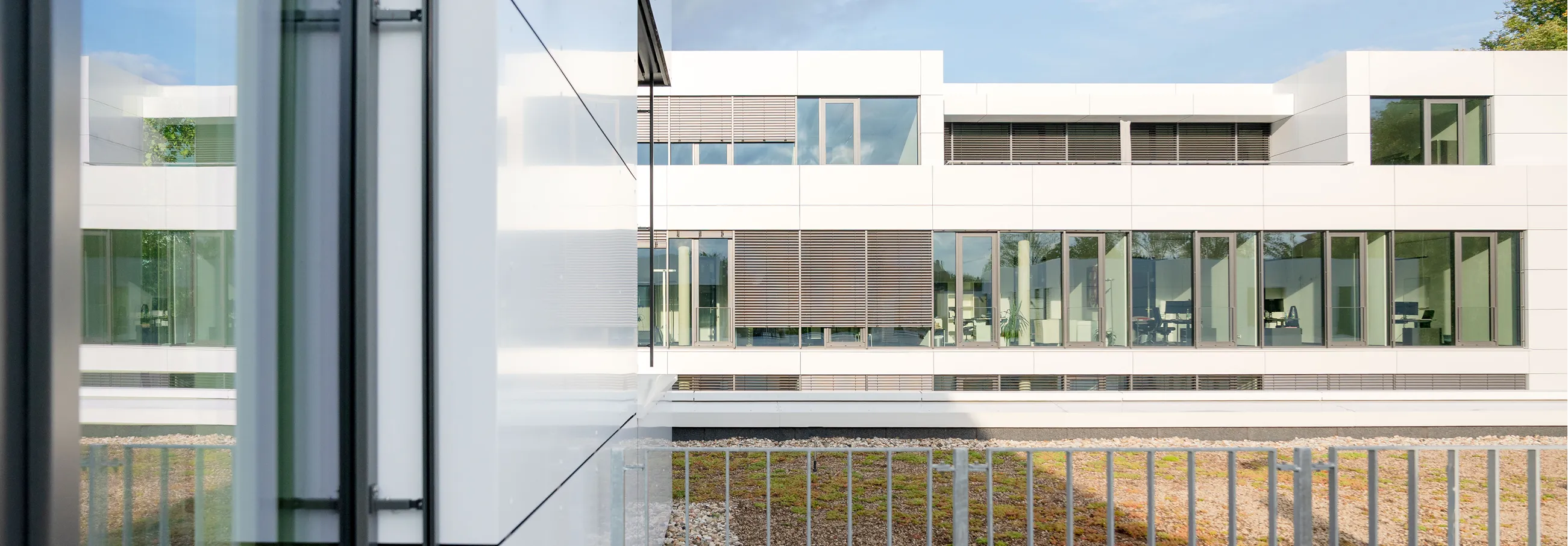 Modern white office building with large glass windows reflecting blue sky and surrounding greenery, viewed through a glass pane and metal railing.