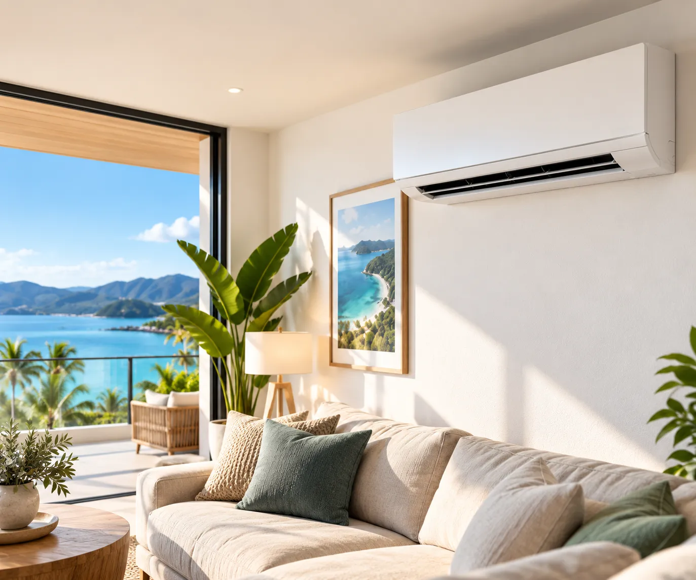 Wall-mounted split system air conditioner in a coastal living room with ocean views