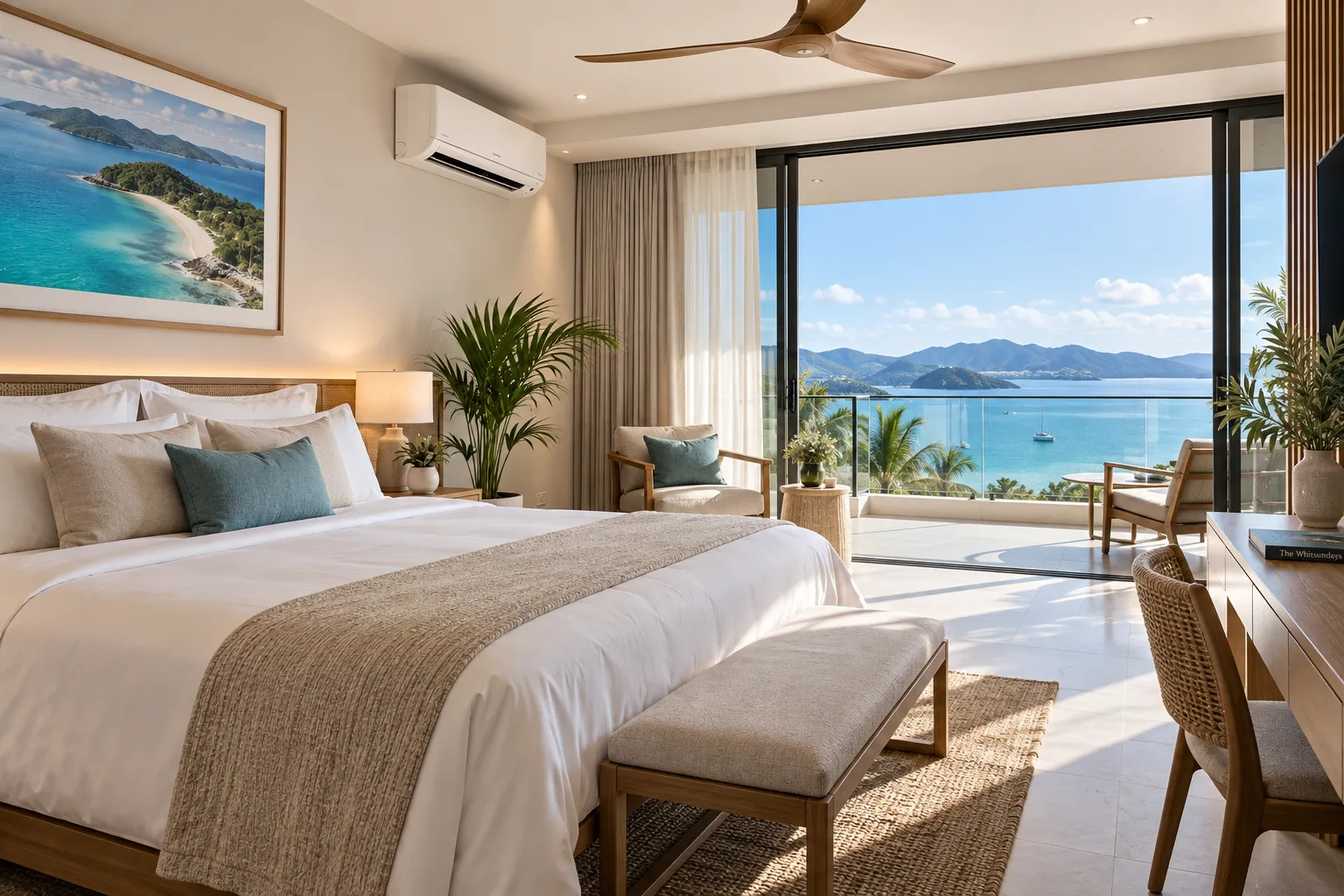 Split system air conditioner in a bedroom with ocean views
