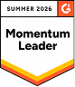 Award badge with text 'Summer 2026' above 'Momentum Leader' on a white background with red, orange, and yellow chevron accents and a red G2 logo in the top right corner.
