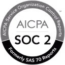 Circular emblem featuring the text 'AICPA Service Organization Control Reports' around the edge, with 'AICPA SOC 2' in the center and 'Formerly SAS 70 Reports' at the bottom edge.