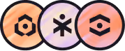 Three circular icons with abstract geometric symbols inside, colored in gradient shades of orange and purple with dark outer rings.