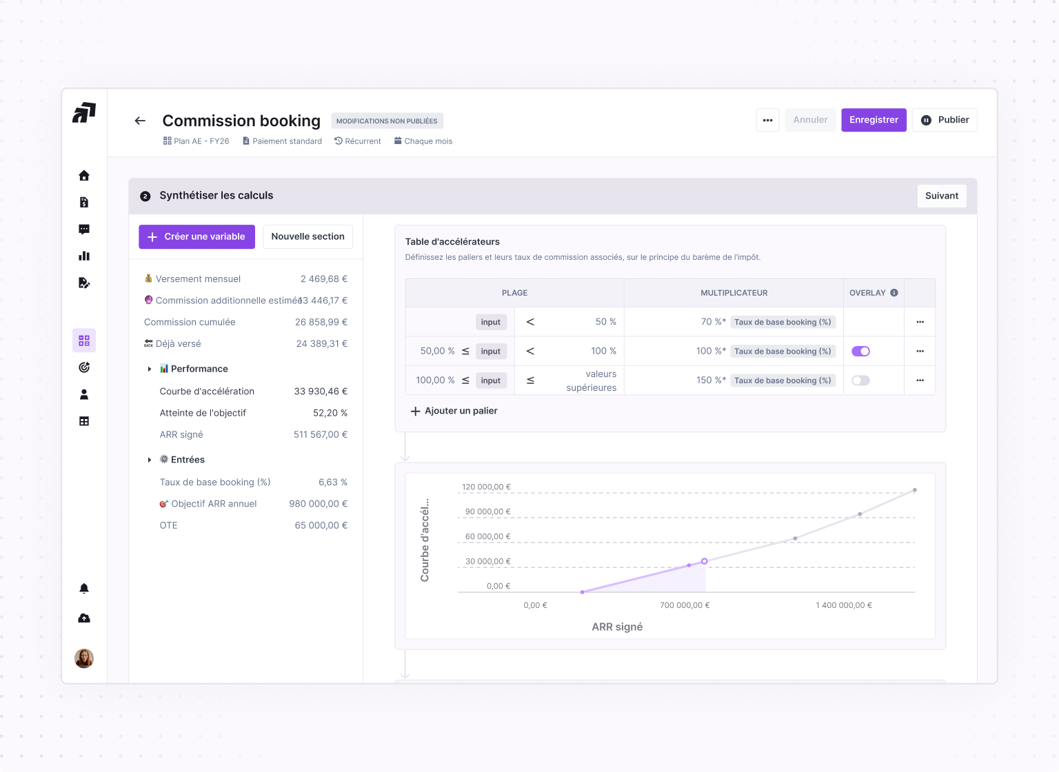 User interface screen for Booking Commission settings showing summarized calculations including monthly payout, estimated additional commission, year-to-date commission, and amounts already paid. It displays performance data such as acceleration curve amount and target achievement percentage, and inputs like booking base rate, annual ARR target, and OTE. An accelerator table defines commission rate tiers with ranges and multipliers based on booking base rate percentage. Below is a line graph depicting acceleration commission related to closed won ARR, with data points along the curve.
