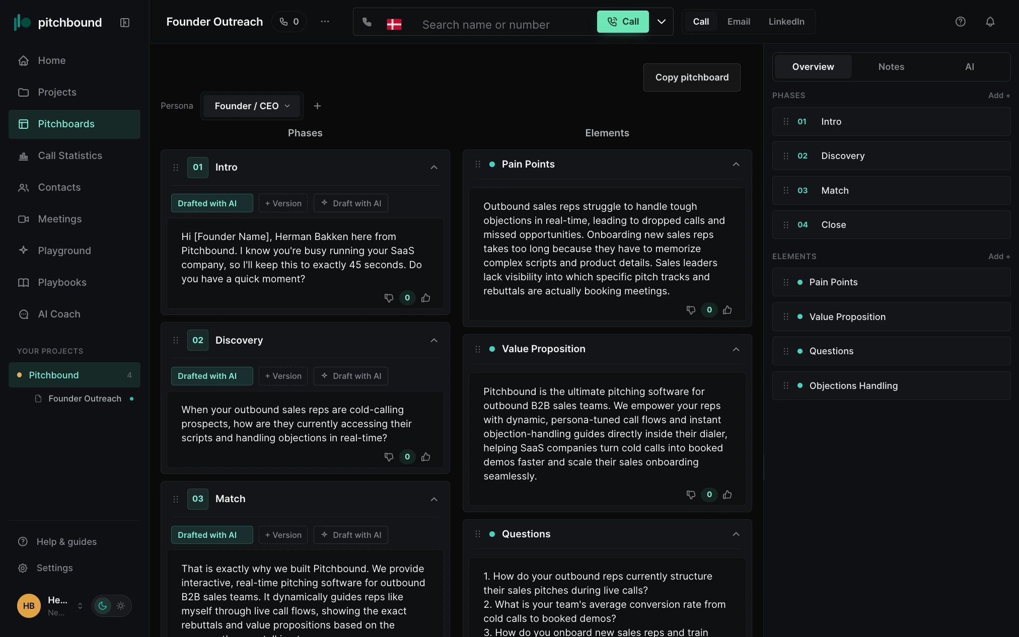 A Pitchbound pitchboard with AI-drafted call phases, pain points, value proposition and objection handling.