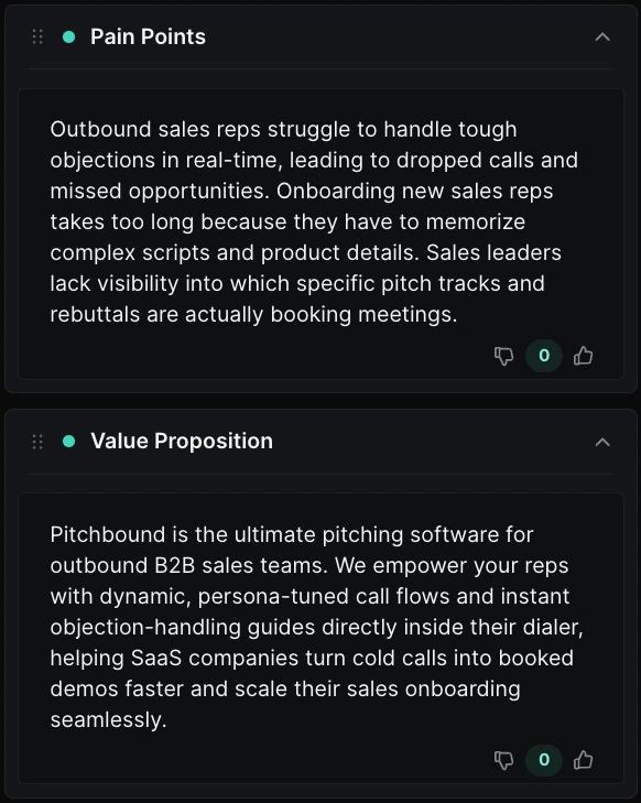 Pain points and value proposition elements in a Pitchbound pitchboard.