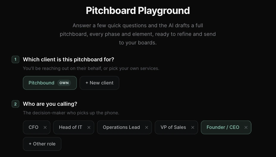 The Pitchbound Playground, where AI drafts a pitchboard from a few questions.