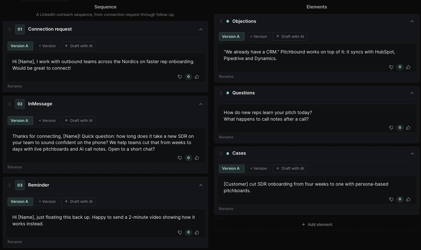 A LinkedIn outreach sequence in Pitchbound with objections, questions and cases.