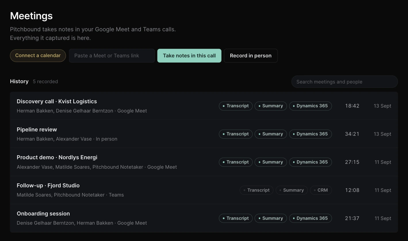 Recorded meetings in Pitchbound with transcripts, AI summaries and CRM sync.