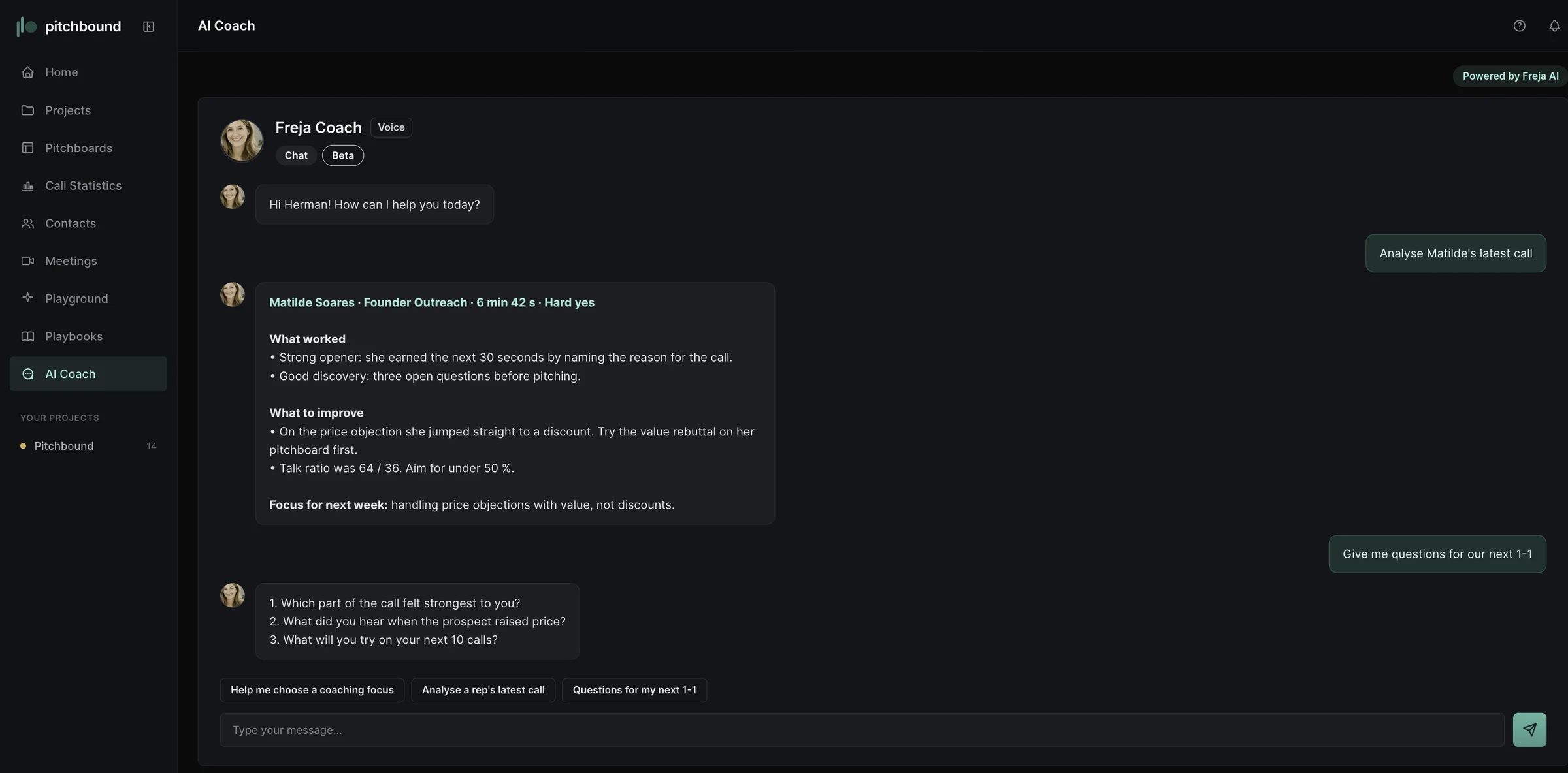 Freja, the AI sales coach inside Pitchbound, analysing a rep's call and suggesting questions for a 1-1.