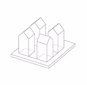 Isometrische Strichzeichnung von fünf einfachen geometrischen Hausformen, die auf einer rechteckigen Grundfläche angeordnet sind.