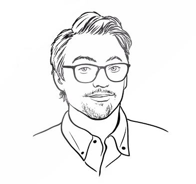 Schwarz-weiße Strichzeichnung eines Mannes mit kurzen Haaren, Brille, Schnurrbart und Ziegenbart, der ein Hemd mit Kragen und eine Krawatte trägt und leicht nach rechts blickt.