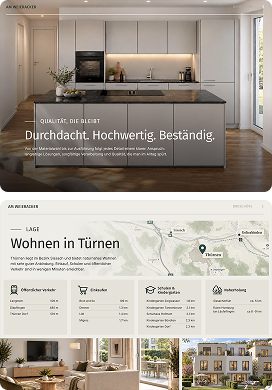 Moderne Küche mit grauen Schränken, Einbaubackofen, Kochfeld und minimalistischer Einrichtung, ergänzt durch einen Text über Qualität und nachhaltiges Wohnen in Türnen, einschließlich Angaben zur Lage und einer Übersicht über die Annehmlichkeiten weiter unten.