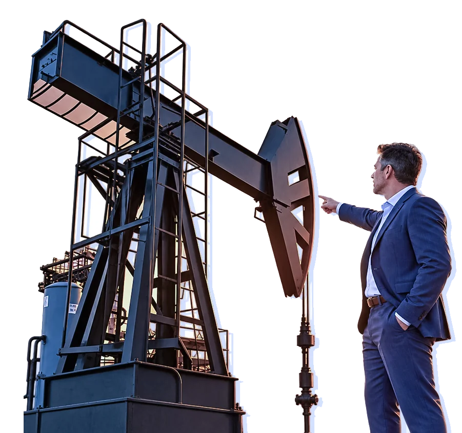 Mark Elliott, President and CEO of Summit Ventures, beside an oil pumpjack