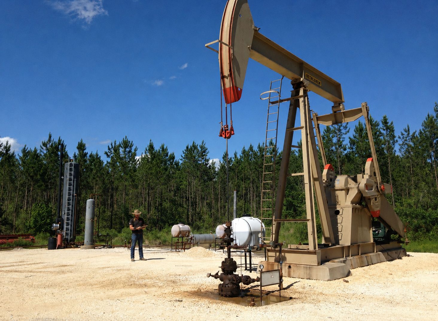 A field operator beside a pumpjack at a producing well