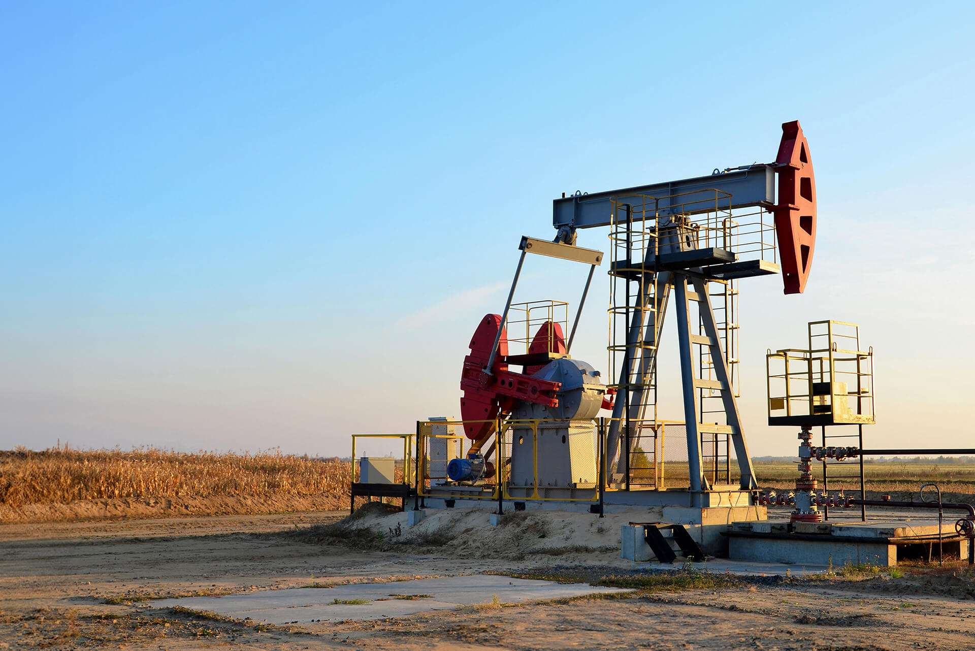 A pumpjack and wellhead at a producing oil well