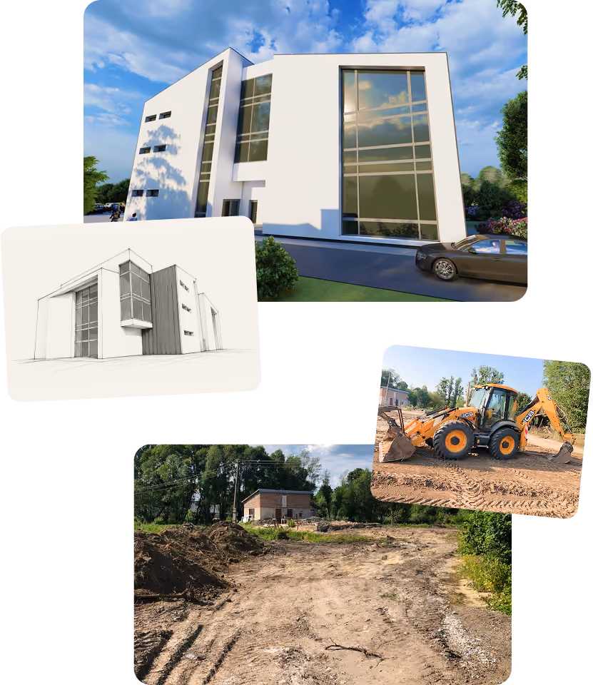 Collage of four images showing stages of a construction project: a detailed 3D rendering of a modern white building with large windows and a car parked on the driveway, a black and white architectural sketch of the same building, a yellow excavator working on a dirt site, and a cleared construction site with piles of dirt and a small building in the background surrounded by trees.