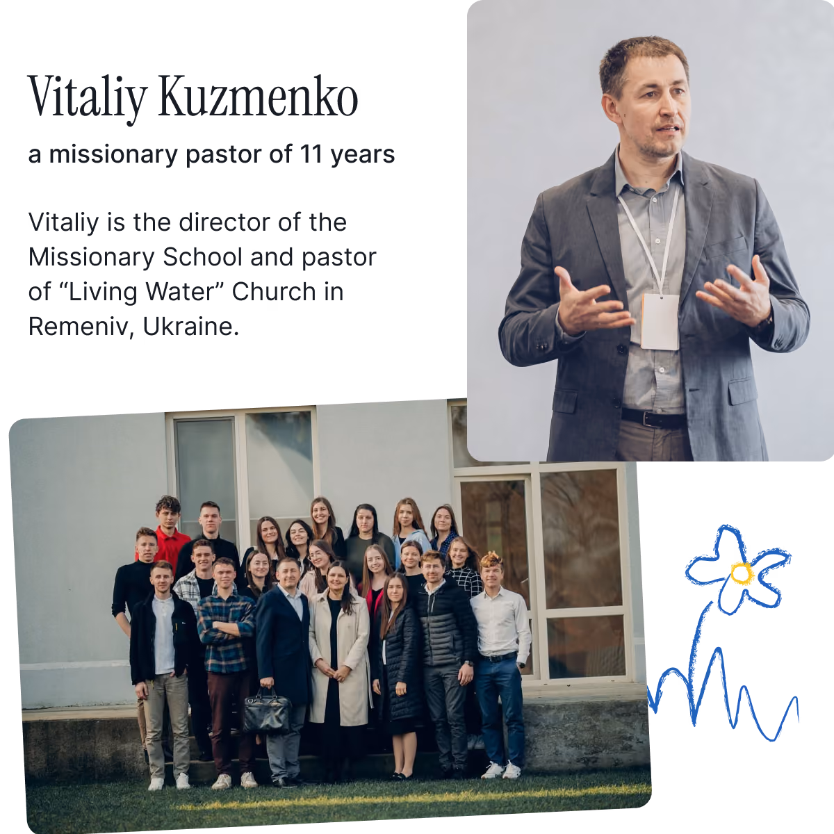 Portrait of Vitaliy Kuzmenko in a gray suit with a name badge speaking and gesturing; below, a group of 22 smiling people standing outdoors in front of a building; to the right, a simple blue and yellow doodle of a flower with grass.