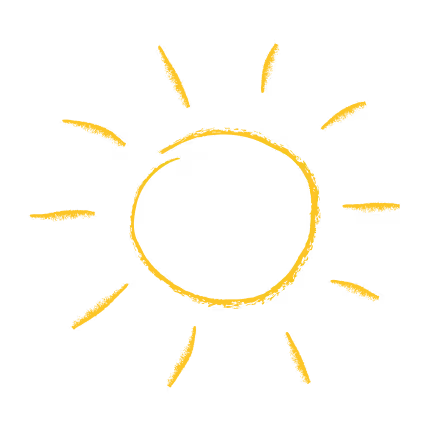 Simple hand-drawn yellow sun with a circular center and eight uneven rays on a transparent background.