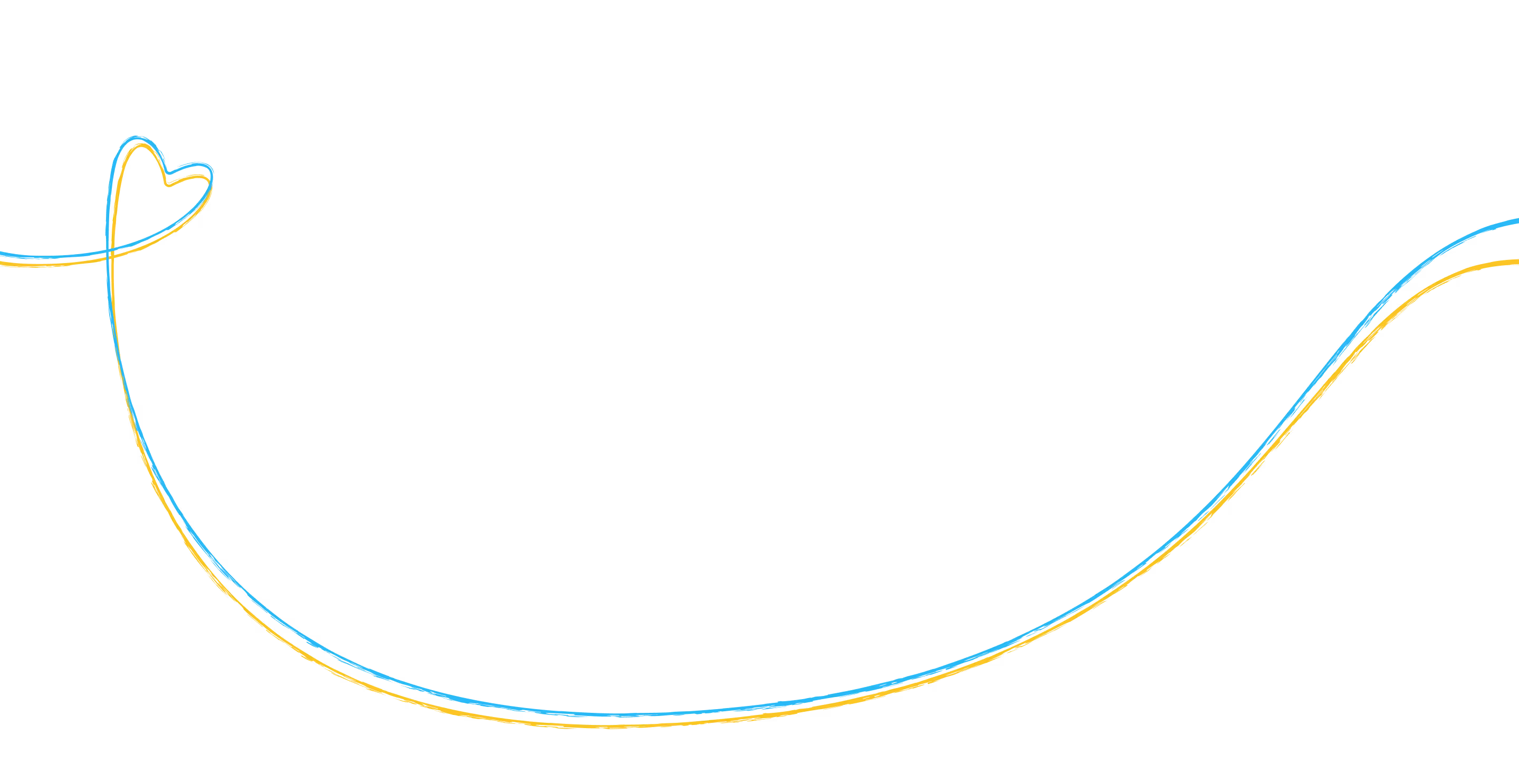 Curved yellow line with a blue shadow forming a heart shape on the left end, extending smoothly to the right on a transparent background.