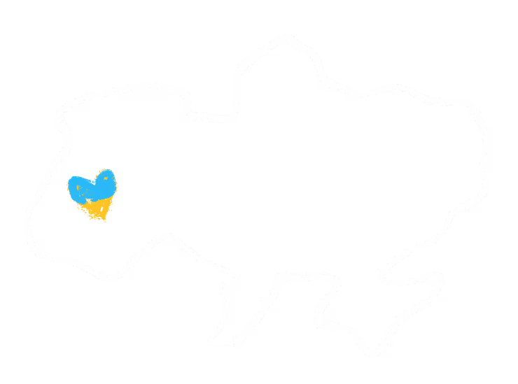 Outline of Ukraine with a small heart shape in the colors of the Ukrainian flag, blue on top and yellow on the bottom, located on the western side of the outline.