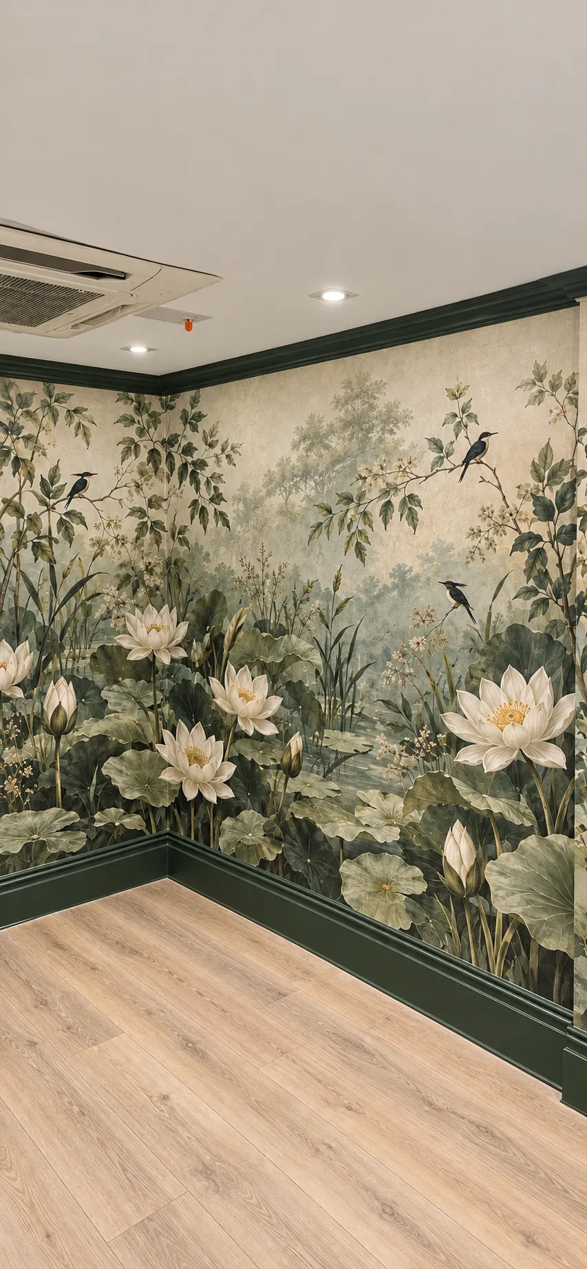 Digital design concept: Botanical wallcovering with green cornice and skirting