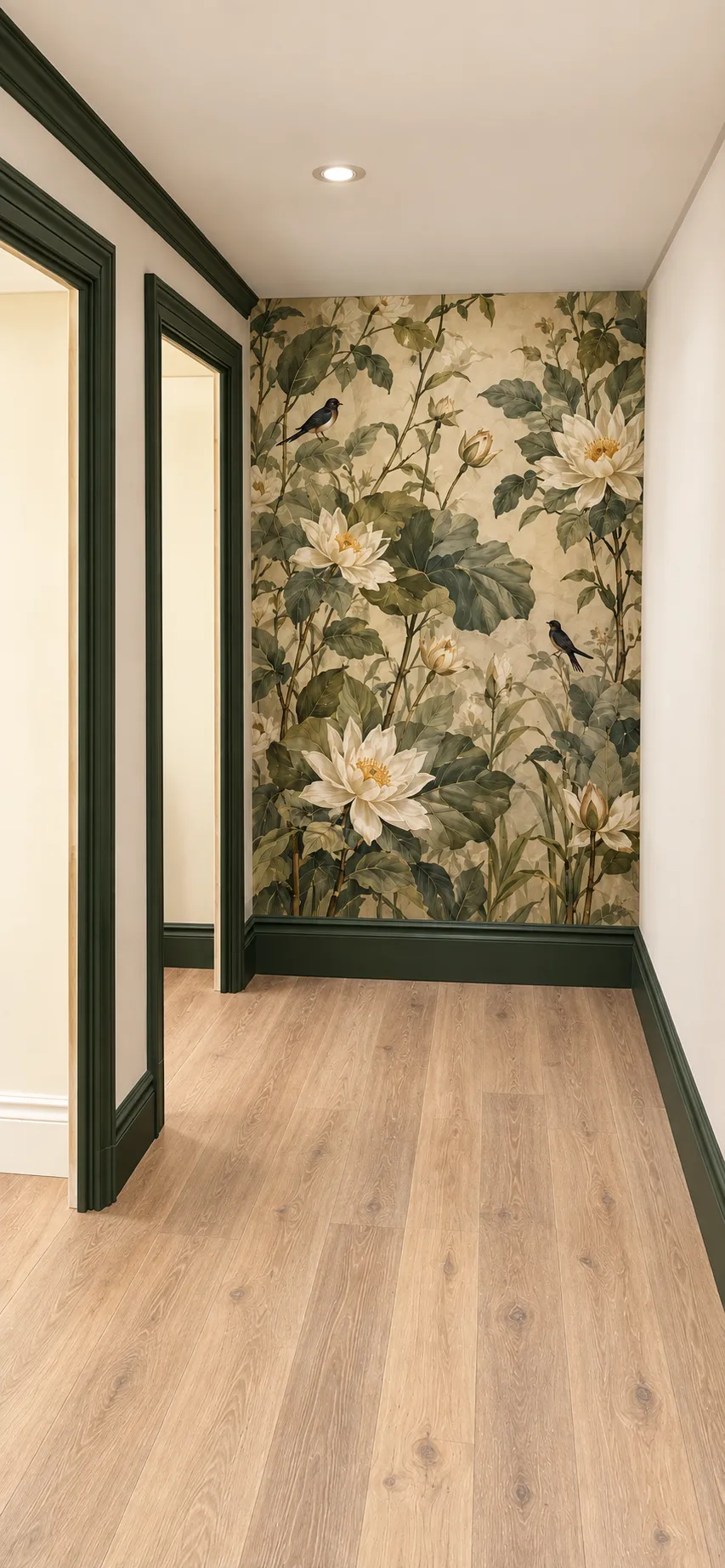 Digital design concept: Botanical feature wall and green door frames