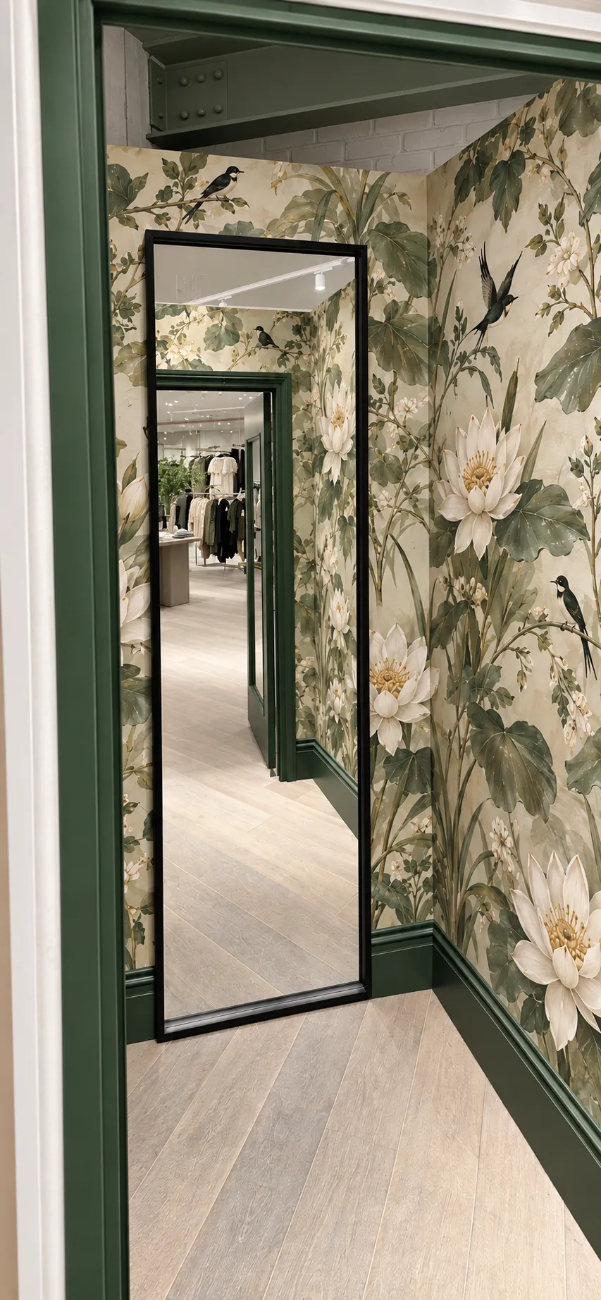 Digital design concept: Botanical fitting room with green trim