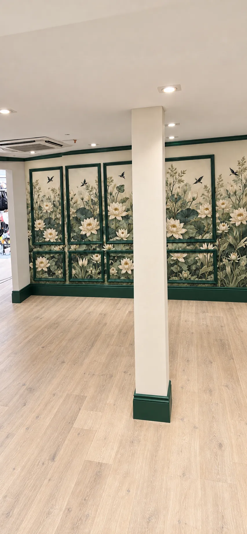 Digital design concept: Botanical retail interior with coordinated green panelling