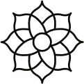 Abstract symmetrical flower design with eight petals in black outline.