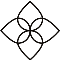 Black geometric flower-like logo with overlapping curved lines forming four petal shapes.