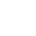 White atomic structure icon with orbiting paths around a central nucleus on black background.
