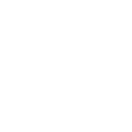 White abstract geometric flower-like pattern with seven overlapping circular petals on transparent background.